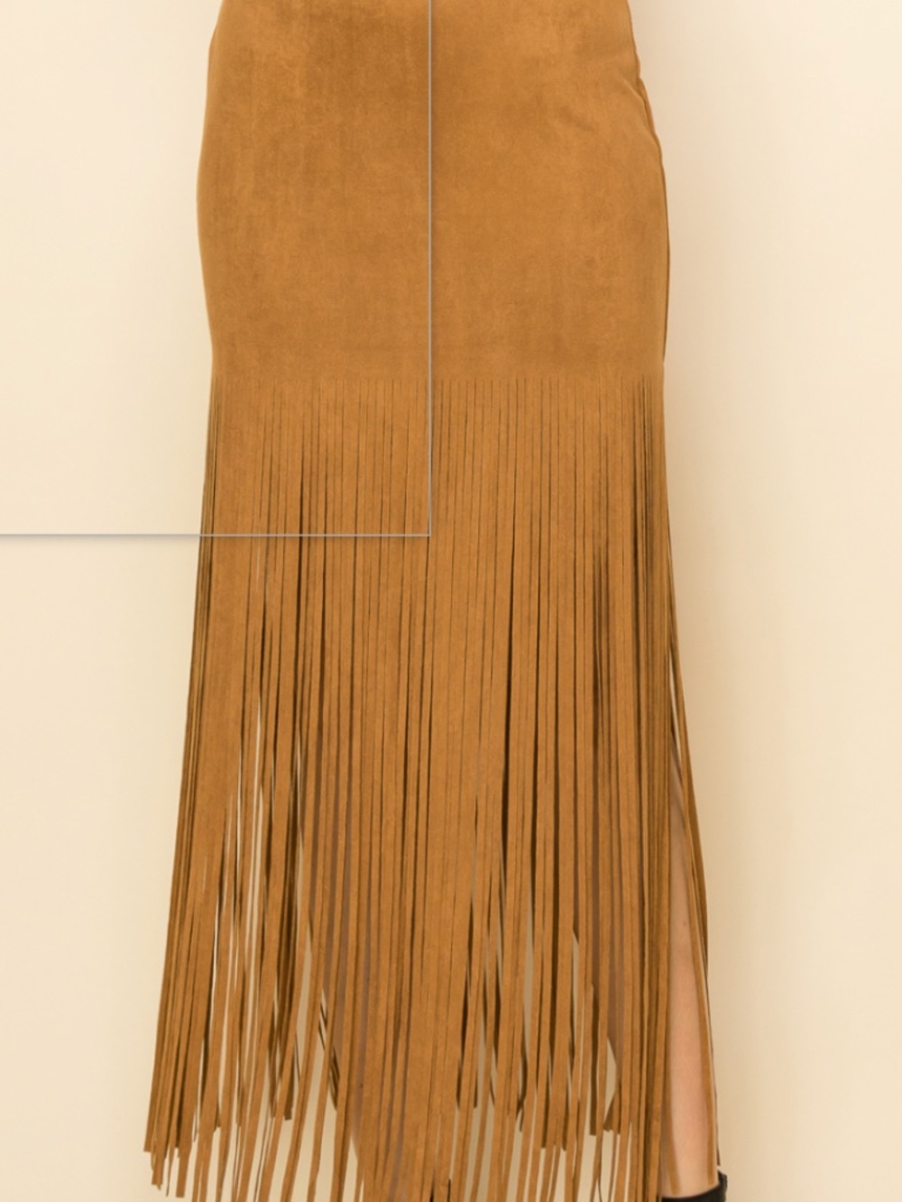 Vocal camel medium rise maxi skirt with long fringe